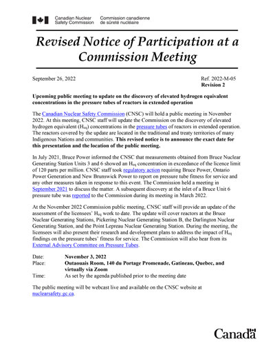 Revised Notice of Participation at a Commission Meeting on the discovery of elevated hydrogen equivalent - Revision 2​
