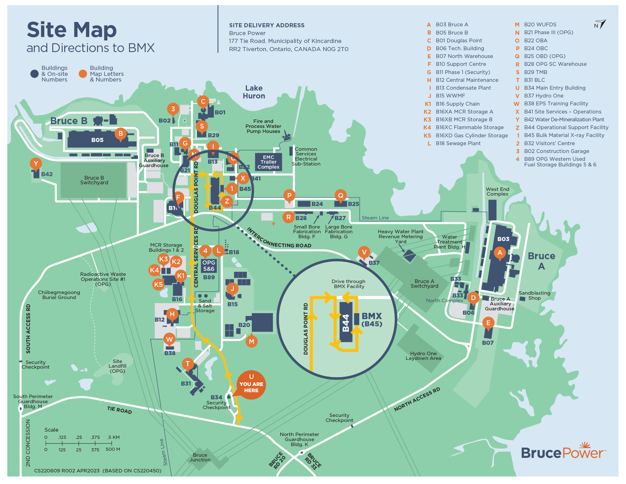 A site map with driving route to the BMX building.