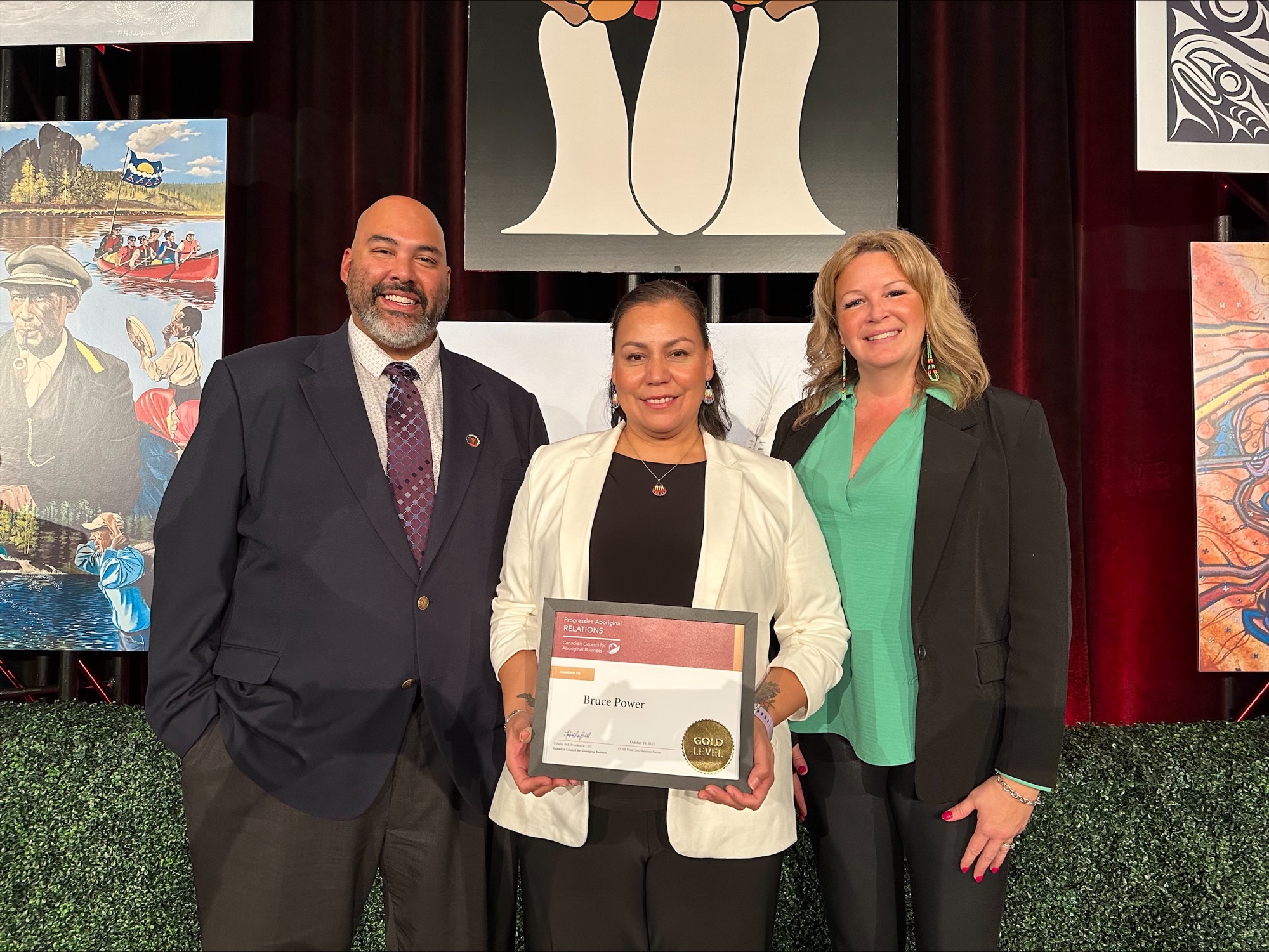 Bruce Power Director of Indigenous Relations & Business Partnerships Adam Kahgee, along with Marsha Roote and Alison Fernandes, were on hand to accept the company’s Gold level certification from the Canadian Council for Aboriginal Business (CCAB) Oct. 19 in Vancouver.