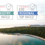 ESG strong risk rating logo over a photo of the Bruce Power site.