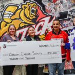 Bruce Power and the Saugeen Ojibway Nation (SON), through their Gamzook’aamin aakoziwin medical isotope partnership, donated $25,000 to the Canadian Cancer Society’s Hockey Fights Cancer fundraiser at the Nov. 9 Owen Sound Attack game. Pictured, from left, are: Brenda Hawthorne, volunteer for Canadian Cancer Society; Allison Taylor-Misener, Cops for Cancer Specialist at Canadian Cancer Society; Carlene Keeshig, Councillor, Chippewas of Nawash Unceded First Nation; Lester Anoquot, Councillor, Saugeen First Nation; and James Scongack, Bruce Power’s Chief Operating Officer and Executive Vice-President.