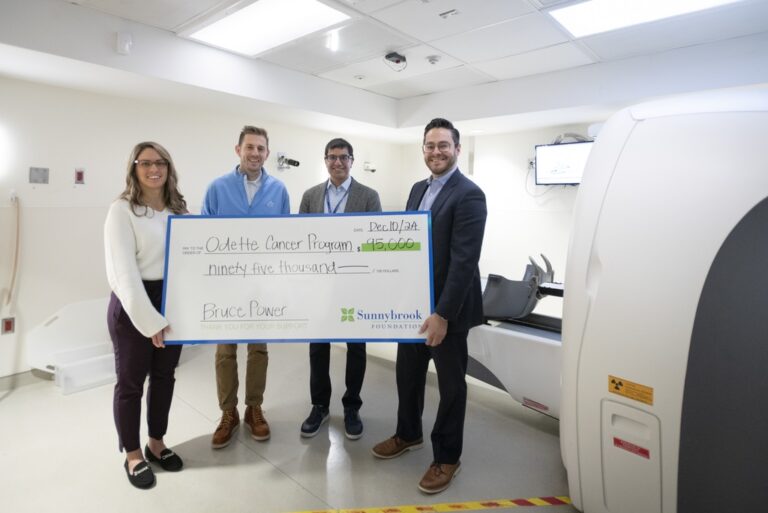 Bruce Power will donate $95,000 in funding over the next three years to study the future of stereotactic radiosurgery, which focuses on saving lives and improving patient outcomes by destroying tumours without surgery. From left are Bruce Power’s Jenny Boyadjian, Isotope Expansion Manager, and Peter McDermid, Director, Isotope Business Development; Dr. Arjun Sahgal, Chief, Radiation Oncology, Odette Cancer Program, Sunnybrook Health Sciences Centre; and Pat Dalzell, Bruce Power’s Vice-President, Corporate Affairs and Market Development. (Photo by Kevin Van Paassen/Sunnybrook)