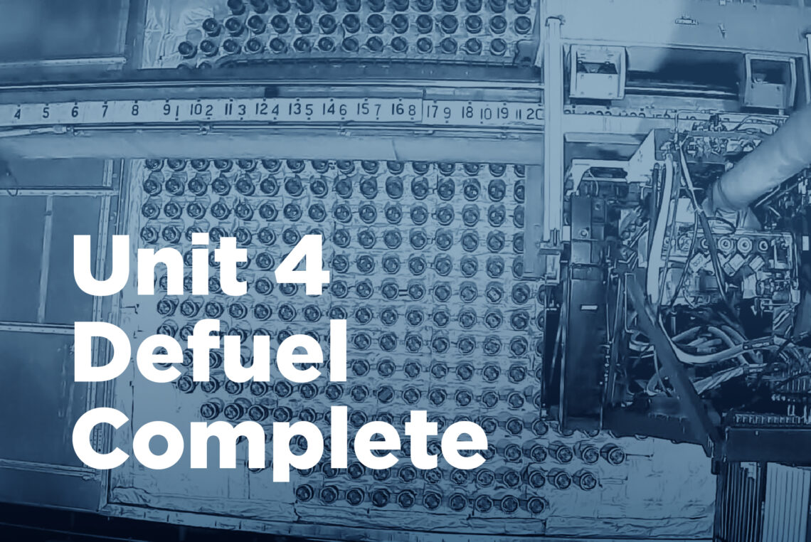 Graphic showing unit 4 vault defuel and announcing defuel has been completed