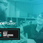 Two Bruce Power employees smile at each other at work. A Bruce Power logo is on the photo and text reads: Forbes 2025 Canada's Best Employers powered by Statista.