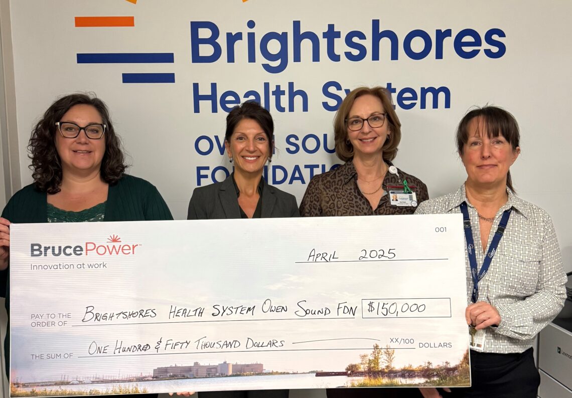 Anna Nicholson of Bruce Power, second from left, presents a donation to, from left, Amy McKinnon of the Brightshores Health System Foundation, Ann Ford, CEO Brightshores, and Dr. Laura Howlett, Lead Radiologist for CT, Brightshores.