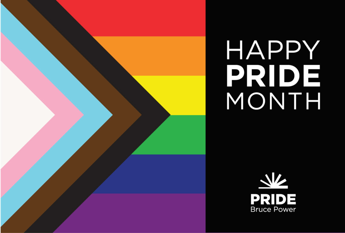 Happy Pride Month graphic with pride colours and Bruce Power logo