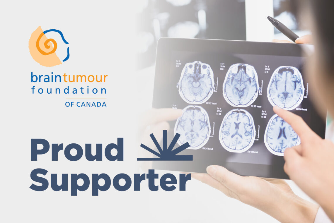 Brain Tumour foundation donation graphic, showing Bruce Power power wheel and 'Proud Supporter' over image of a brain xray.