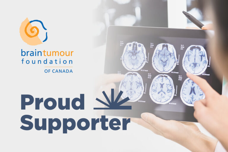 Brain Tumour foundation donation graphic, showing Bruce Power power wheel and 'Proud Supporter' over image of a brain xray.