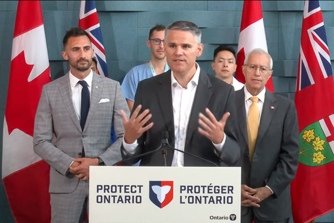 Bruce Power Chief Operating Officer and Executive Vice-President James Scongack has been named chairperson of the newly formed Nuclear Isotope Innovation Council of Ontario. Looking on as James speaks are Stephen Lecce, Minister of Energy and Mines, and Vic Fedeli, Minister of Economic Development, Job Creation and Trade.