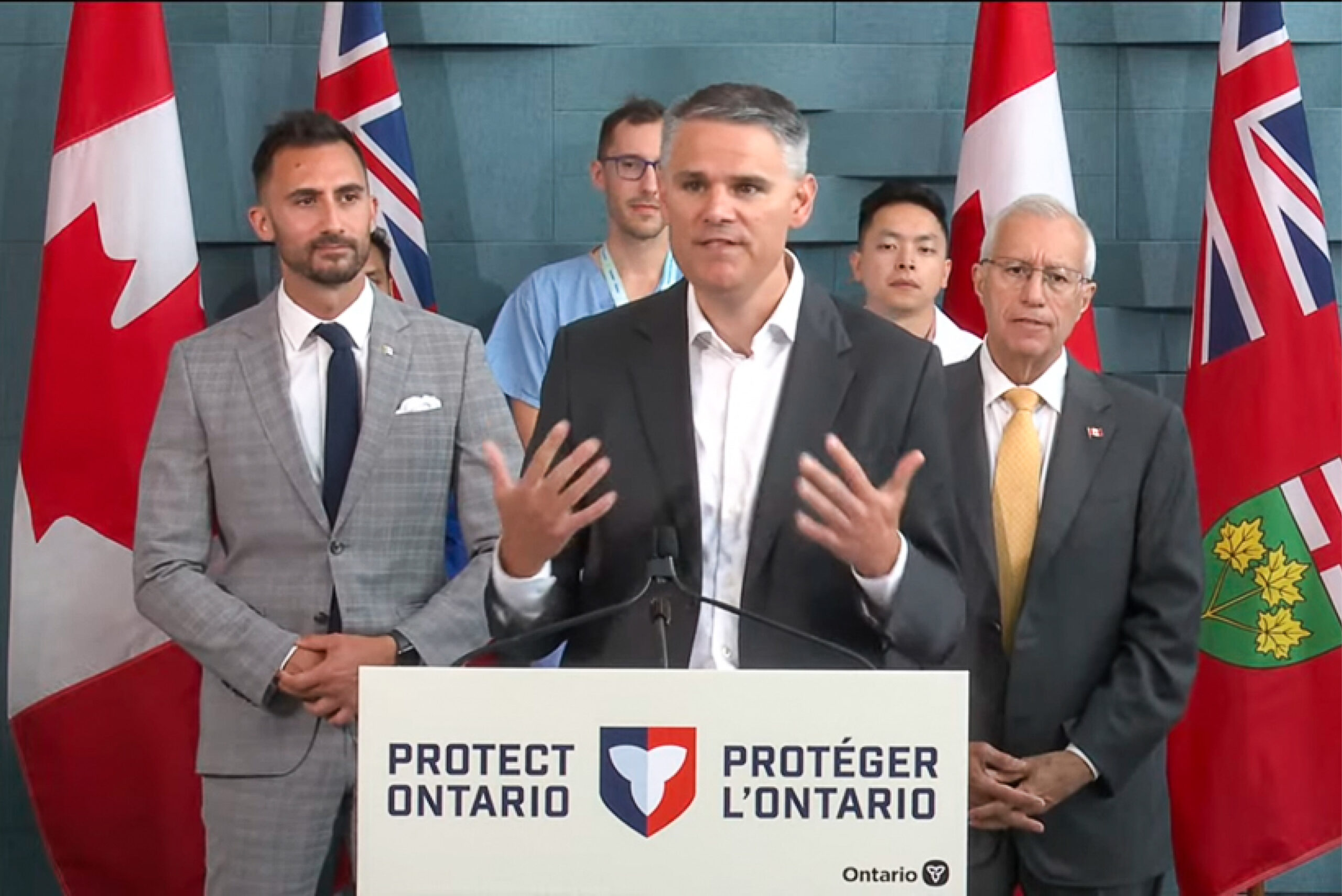Bruce Power Chief Operating Officer and Executive Vice-President James Scongack has been named chairperson of the newly formed Nuclear Isotope Innovation Council of Ontario. Looking on as James speaks are Stephen Lecce, Minister of Energy and Mines, and Vic Fedeli, Minister of Economic Development, Job Creation and Trade.