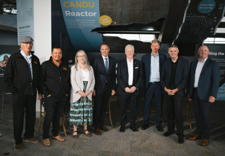 Federal Minister of Energy and Natural Resources, Hon. Tim Hodgson, fourth from right, visited Bruce Power today to announce the installation of a new Isotope Production System in Unit 6. Joining Hodgson for the announcement were, from left, Greg Nadjiwon, Councillor, Chippewas of Nawash Unceded First Nation; Conrad Ritchie, Chief, Saugeen Ojibway Nation, Darlene Johnston, Chief, Chippewas of Nawash Unceded First Nation; Eric Chassard, President and CEO of Bruce Power; David Harris, President and CEO, Kinectrics; James Scongack, Chief Operating Officer and Executive Vice-President, Bruce Power; and Tom Uzzell, President and CEO, Framatome Canada.