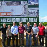 Celebrating construction on the Nawash Community Arena are, from left, James Scongack, Bruce Power Chief Operating Officer and Executive Vice-President; Marsha Roote, Bruce Power; David Harris, President and CEO, Kinectrics; Bill Donnelly, Vice-President, Makwa-Dewar; Greg Nadjiwon, Councillor and outgoing Chief, Chippewas of Nawash Unceded First Nation; Kurt Wigle, Bruce Power; Scott Lee, President, Makwa Development; and Susan Purser, Makwa.