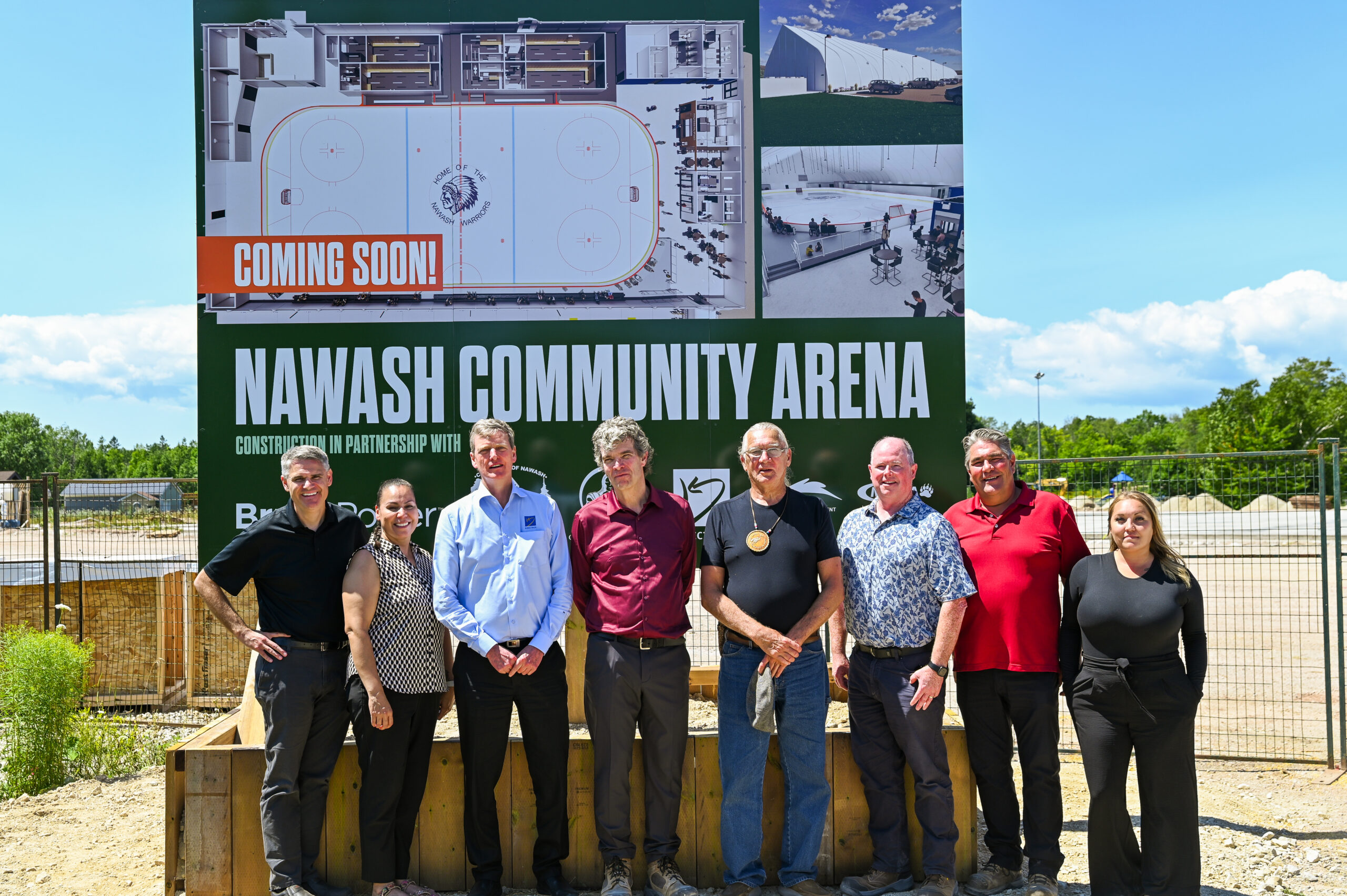 Celebrating construction on the Nawash Community Arena are, from left, James Scongack, Bruce Power Chief Operating Officer and Executive Vice-President; Marsha Roote, Bruce Power; David Harris, President and CEO, Kinectrics; Bill Donnelly, Vice-President, Makwa-Dewar; Greg Nadjiwon, Councillor and outgoing Chief, Chippewas of Nawash Unceded First Nation; Kurt Wigle, Bruce Power; Scott Lee, President, Makwa Development; and Susan Purser, Makwa.