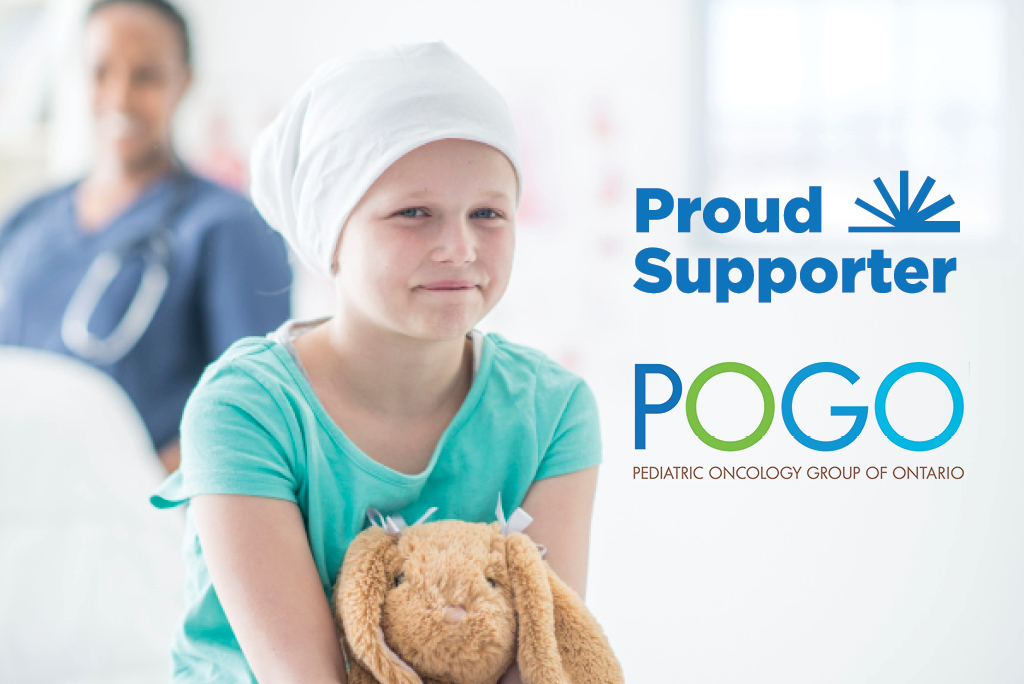 Young patient in hospital setting with teddy bear and words saying proud supporter of POGO