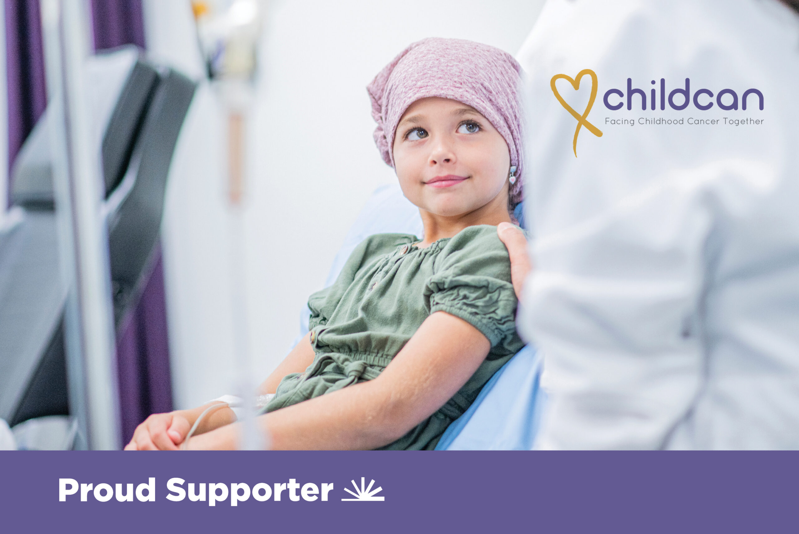 Childcan proud supporter graphic showing young patient in hospital bed.