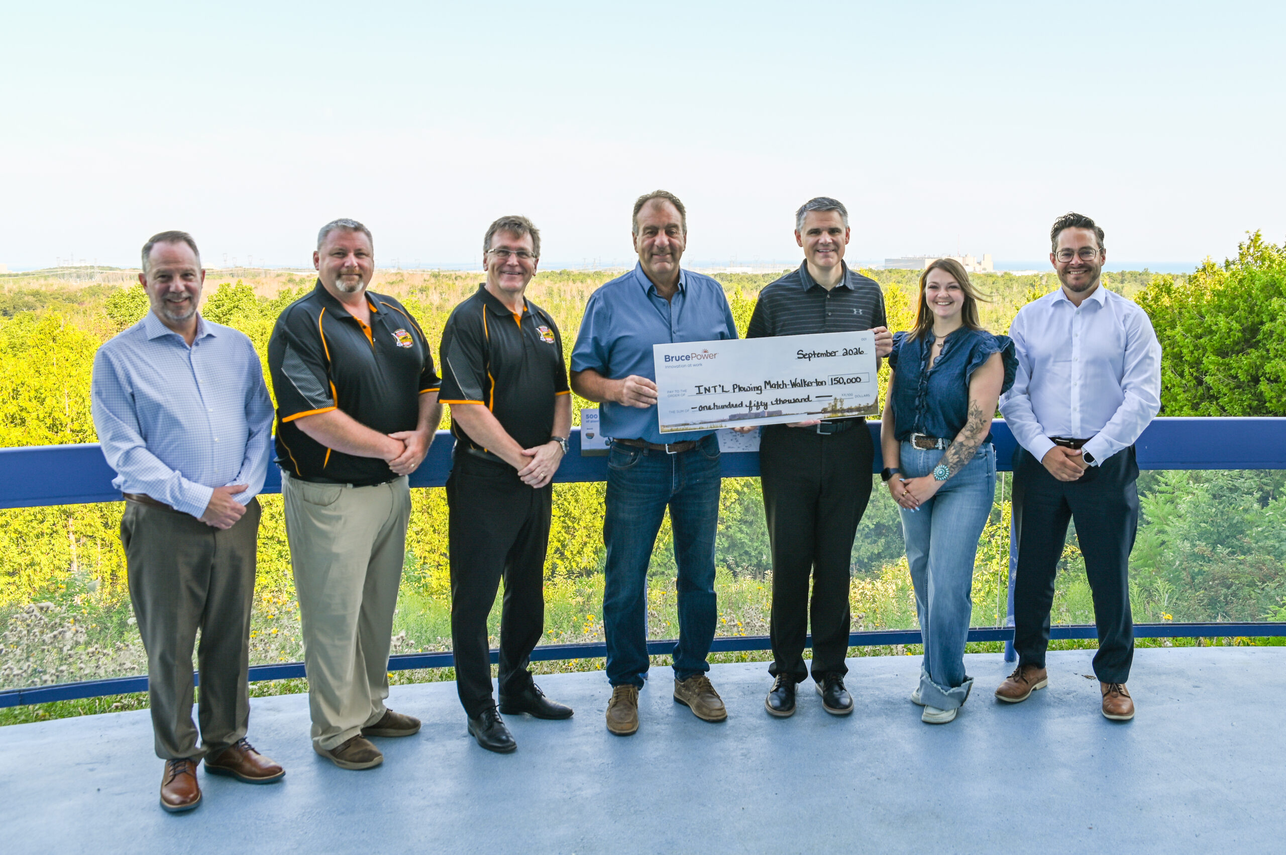 Bruce Power donated $150,000 to the 2026 International Plowing Match and Rural Expo. From left are John Peevers, Josh Bester, (IPM 2026 Sponsorship Chair) Bill Walker, (IPM First Chair and Media Relations) Gord Lang, (IPM Chairperson) James Scongack, Allison Pepper (Ontario Plowmans Association) and Pat Dalzell.