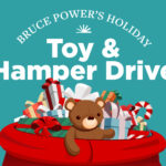 Holiday toy drive graphic showing santa bag with presents