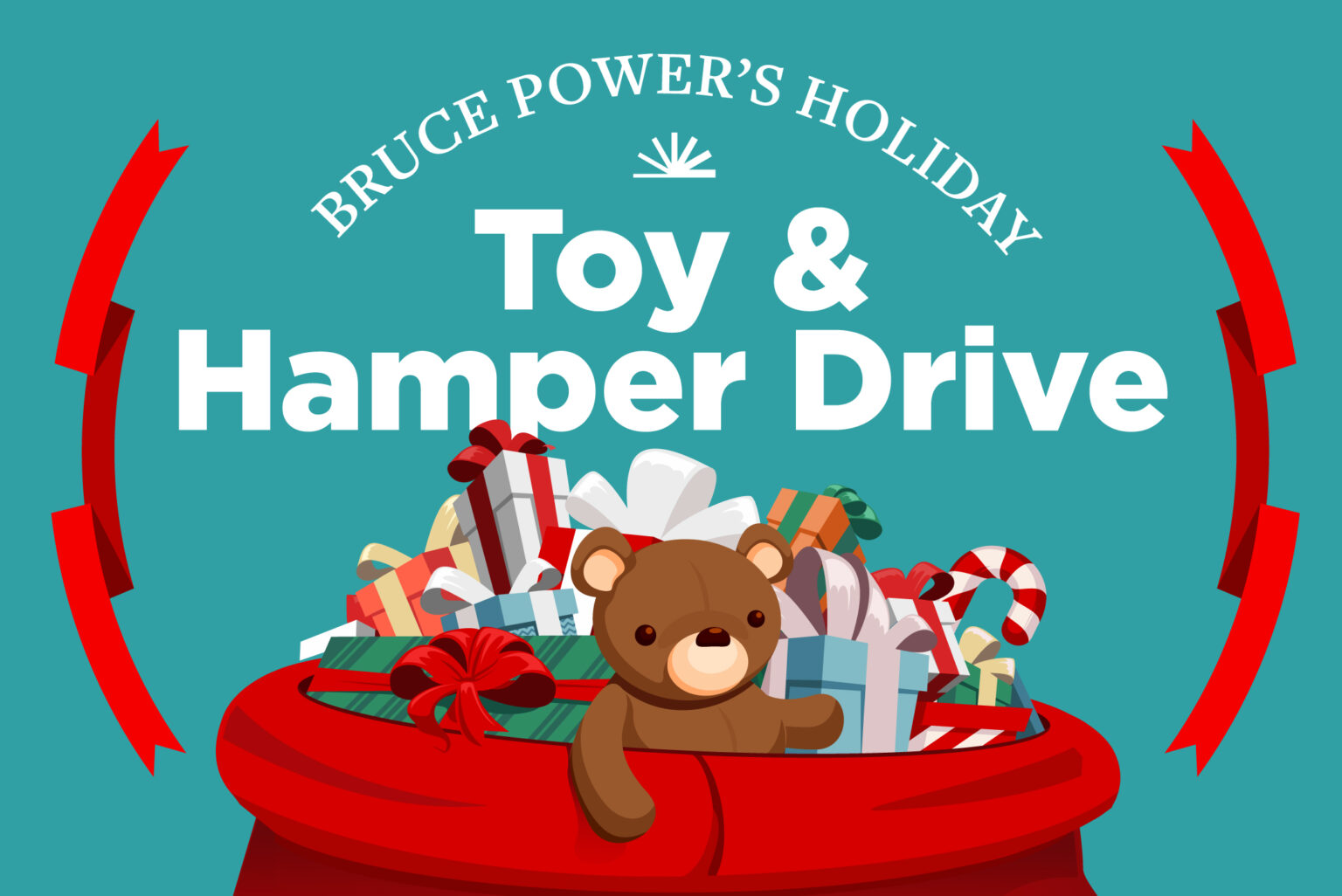 Holiday toy drive graphic showing santa bag with presents