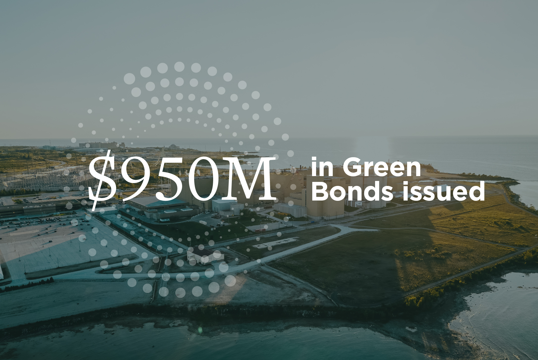 Green bond graphic including the words $950 million in green bonds over a photo of the Bruce Power site.