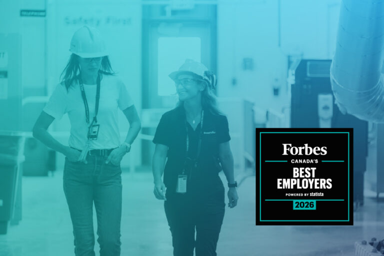Forbes Canada's Top Employers graphic with logo and two people walking in Bruce Power station