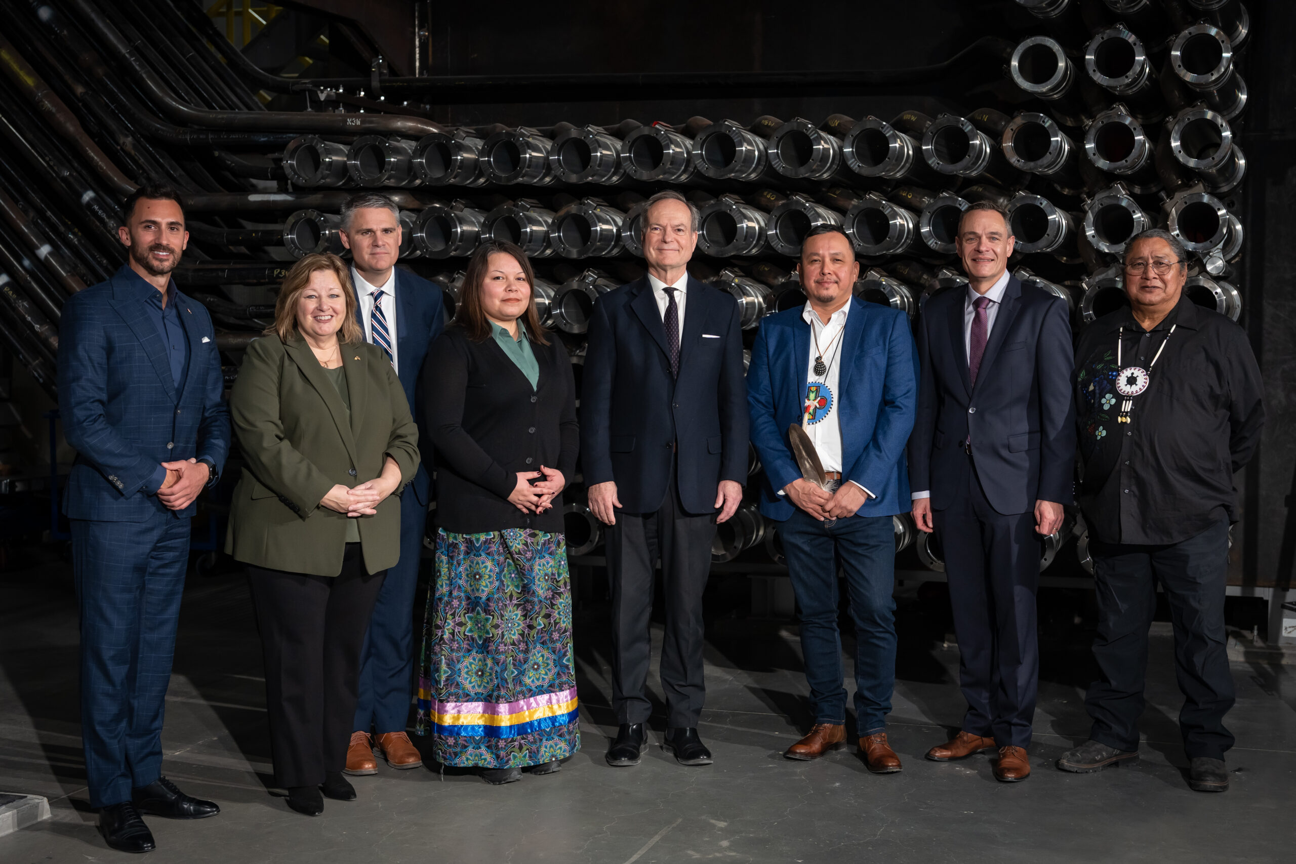 Today, members of the Ontario Government visited Bruce Power to announce an historic expansion of the Saugeen Ojibway Nation-Bruce Power Gamzook'aamin aakoziwin isotopes partnership. Taking part in the announcement were, from left, Stephen Lecce, Minister of Energy and Mines; Lisa Thompson, Minister of Rural Affairs; James Scongack, Chief Operating Officer and Executive Vice-President, Bruce Power; Jessica Keeshig-Martin, Acting Chief, Chippewas of Nawash Unceded First Nation; Peter Bethlenfalvy, Minister of Finance; Conrad Ritchie, Chief, Saugeen First Nation; Eric Chassard, President and CEO, Bruce Power; Dave Root, Elder, Saugeen First Nation.