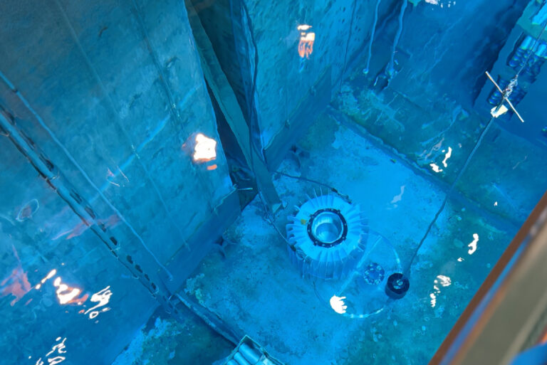Cobalt-60 harvested during the Unit 8 outage is readied for transport in the secondary irradiated fuel bay.
