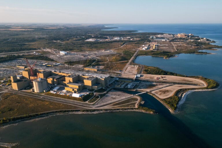 Bruce site aerial view showing stations and Lake Huron.
