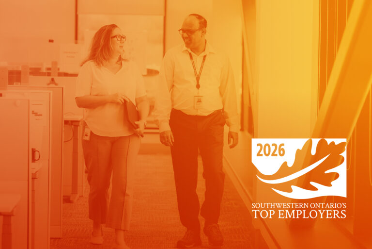 Image showing two employees with an orange tone and Southwestern Ontario's best employers 2026 logo