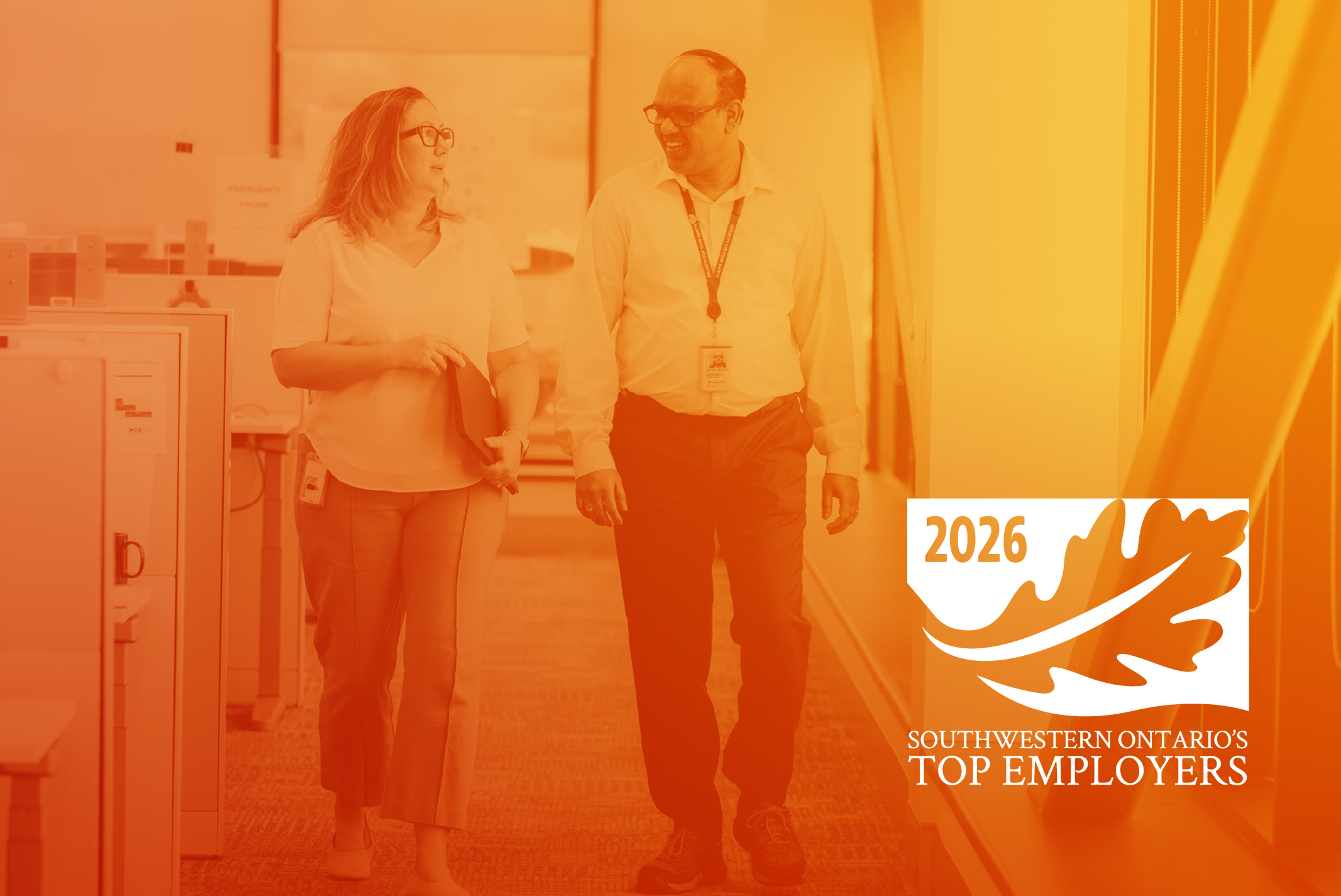 Image showing two employees with an orange tone and Southwestern Ontario's best employers 2026 logo