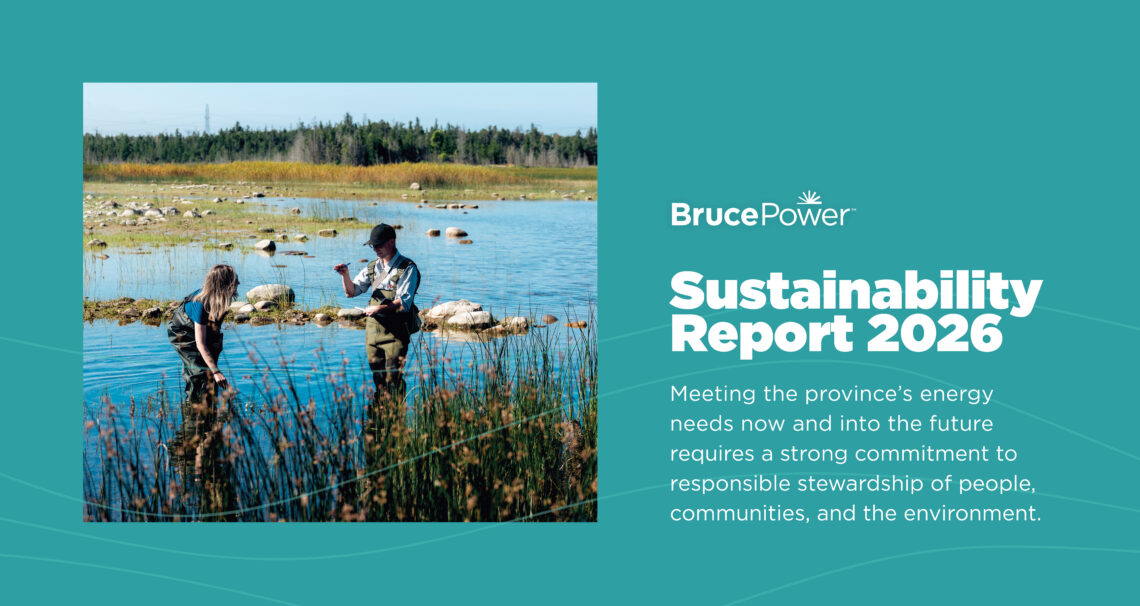 Bruce Power Sustainability Report graphic showing a photo of people in water near Bruce Power site.