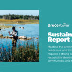 Bruce Power Sustainability Report graphic showing a photo of people in water near Bruce Power site.