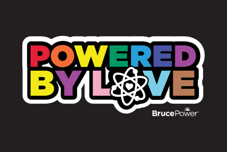 Graphic for Pride featuring colours and words Powered by love