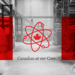 Canadian at our Core logo with Canadian flag and background of people working in the station