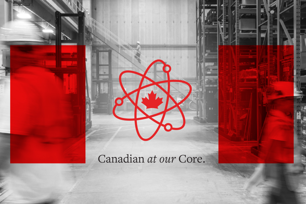 Canadian at our Core logo with Canadian flag and background of people working in the station