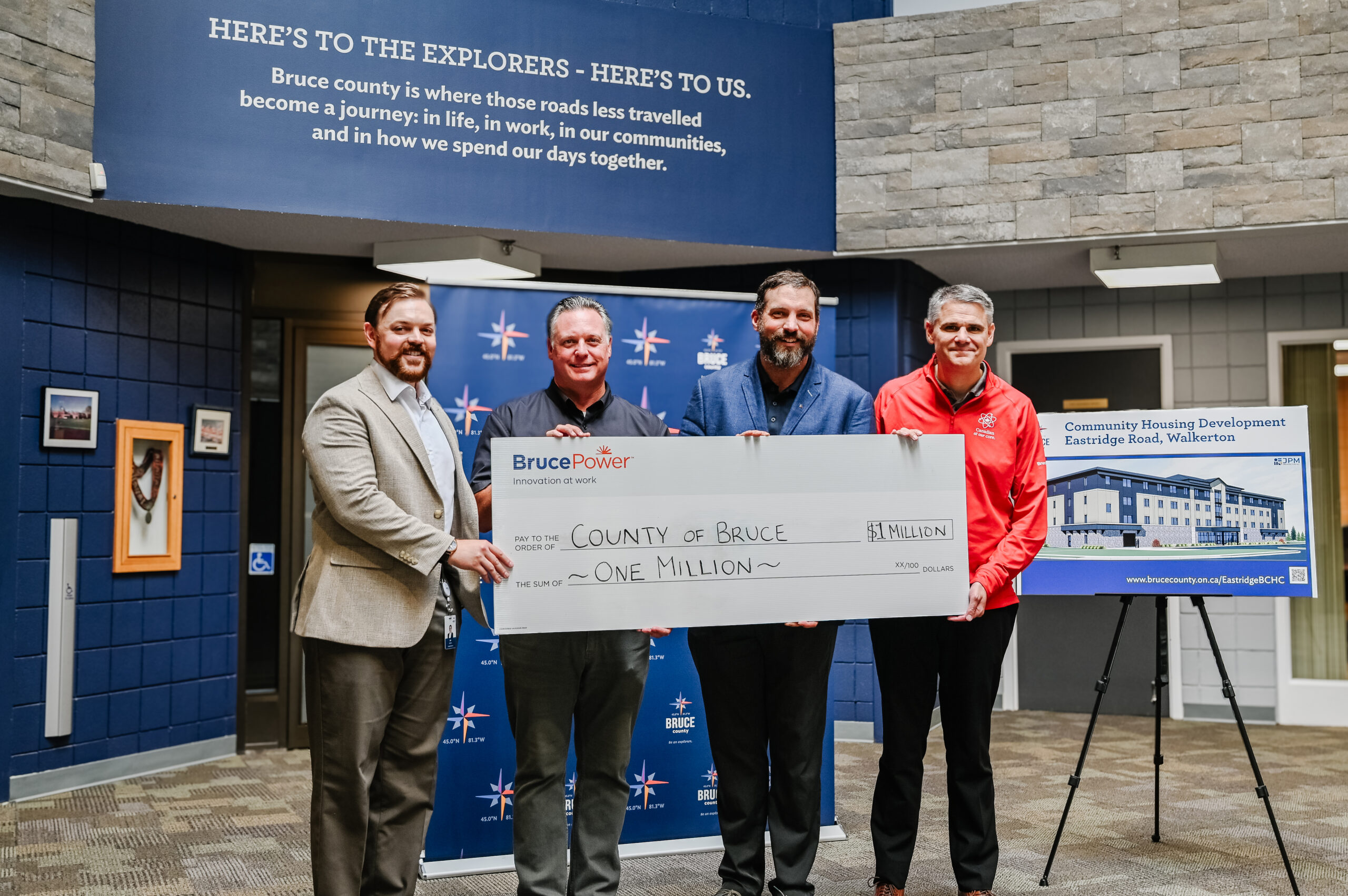 Bruce Power is donating $1 million to Bruce County’s recently announced affordable housing project on Walkerton’s east ridge. Pictured from left during the cheque presentation are: Ian Hanney, Director, Human Services, County of Bruce; Dwight Irwin, Section Manager, Community Relations, Bruce Power; Luke Charbonneau, Warden, County of Bruce; and James Scongack, Chief Operating Officer and Executive Vice-President, Bruce Power.