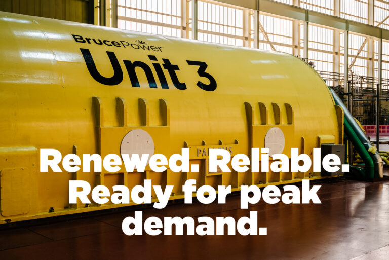 Unit 3 turbine hall photo overlayed with words Renewed. Reliable, Ready for peak demand.