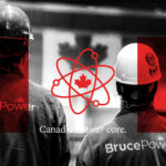Canadian at our Core graphic for Bruce Power supply chain summit. Showing two workers in the powerhouse with Canadian flag graphic.