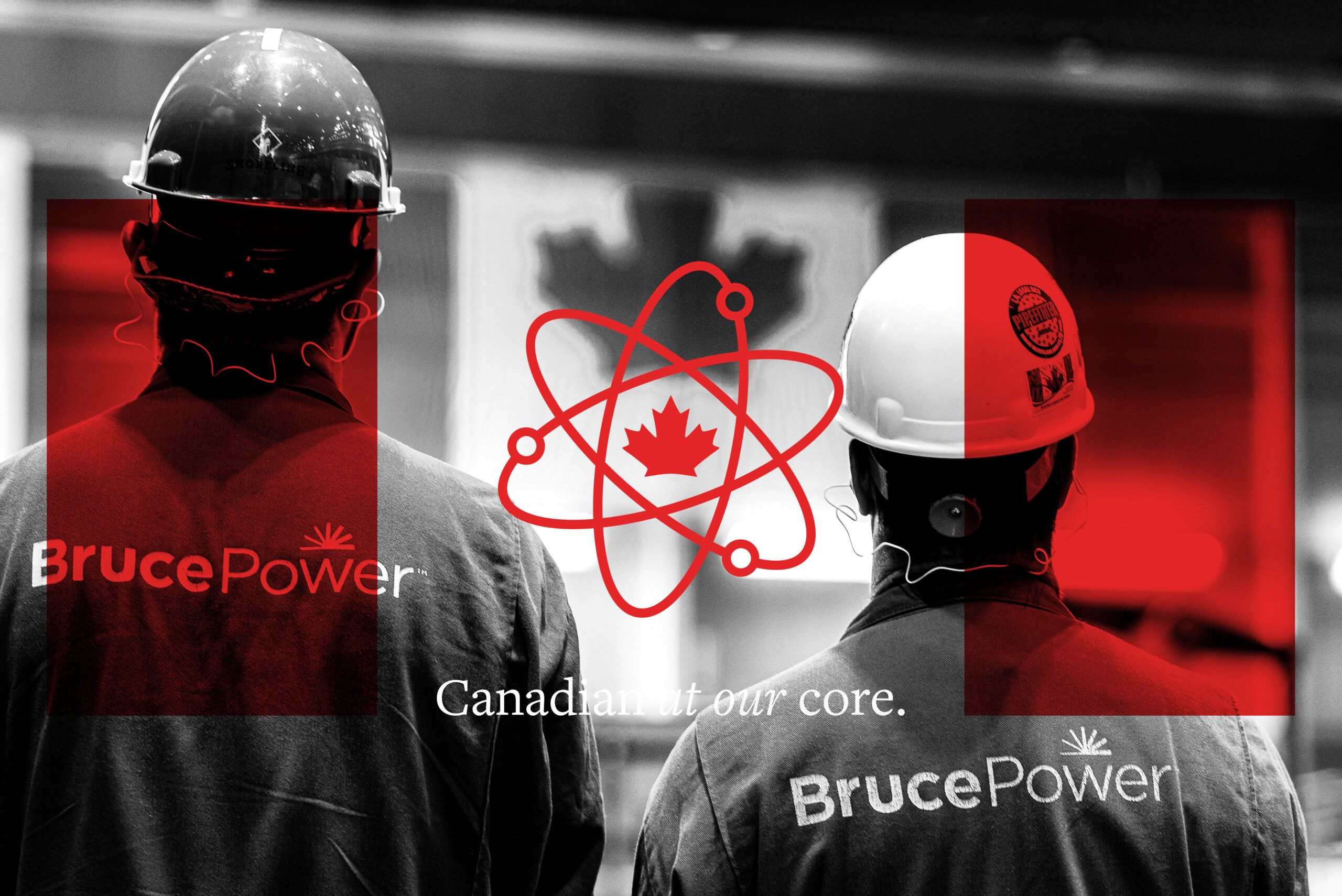 Canadian at our Core graphic for Bruce Power supply chain summit. Showing two workers in the powerhouse with Canadian flag graphic.