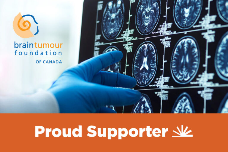 Graphic that says Proud support of brain tumour foundation and shows a person's hands pointing at an xray.