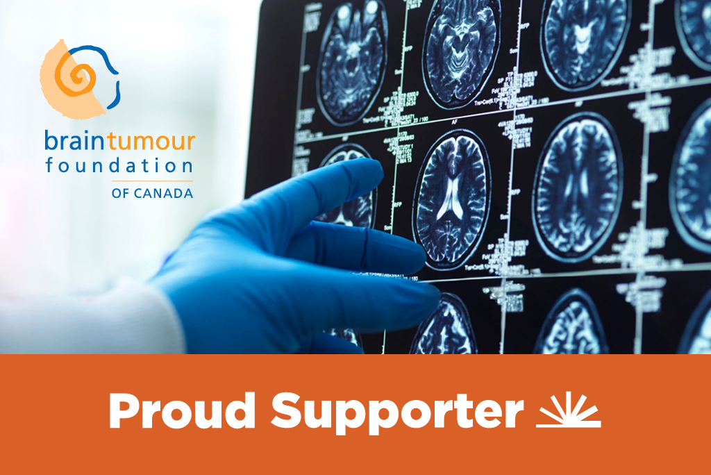 Graphic that says Proud support of brain tumour foundation and shows a person's hands pointing at an xray.