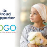 Bruce Power is a proud supporter of Pediatric Oncology Group of Ontario. Image shows logos and a young cancer patient with a stuffed animal.
