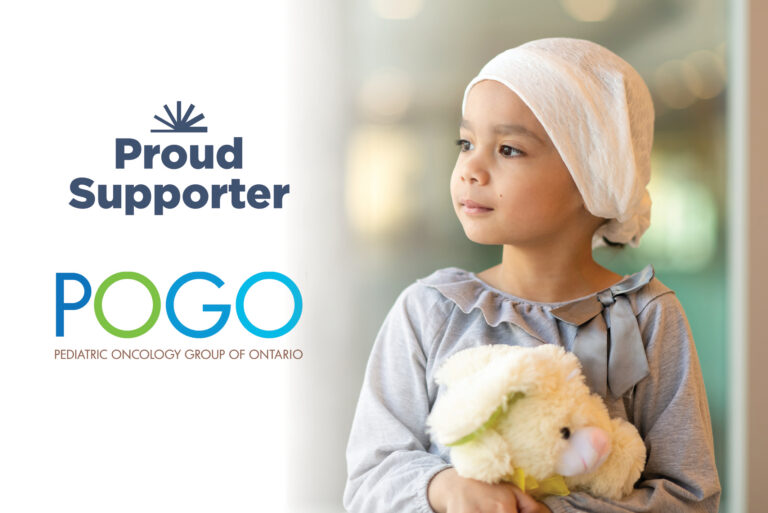 Bruce Power is a proud supporter of Pediatric Oncology Group of Ontario. Image shows logos and a young cancer patient with a stuffed animal.