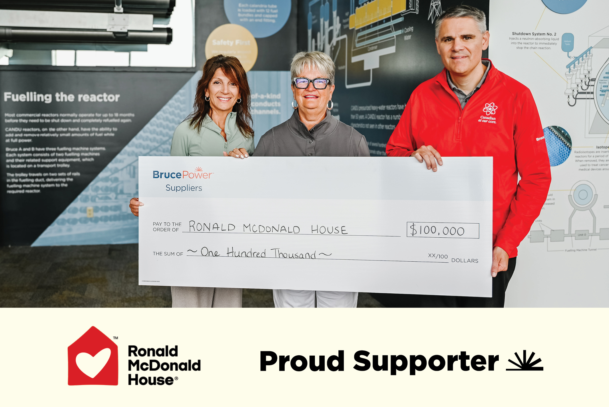 Bruce Power cheque presentation to Ronald McDonald House. Graphics of both organizations saying proud supporter.